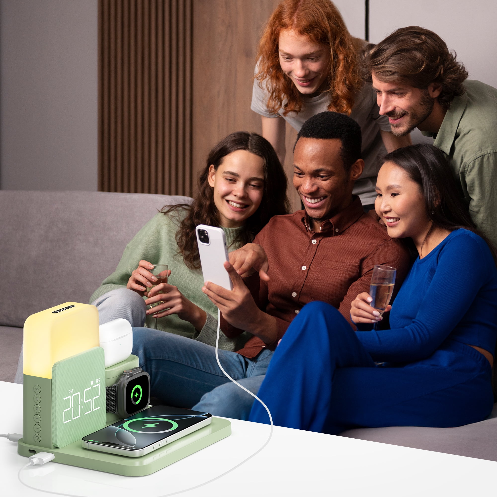 Wireless Charging Station 7 in 1 Compatible for iPhone 17/16/15/14/13/12 Pro Max, Apple Watch & AirPods with Alarm Clock, Night Light Green