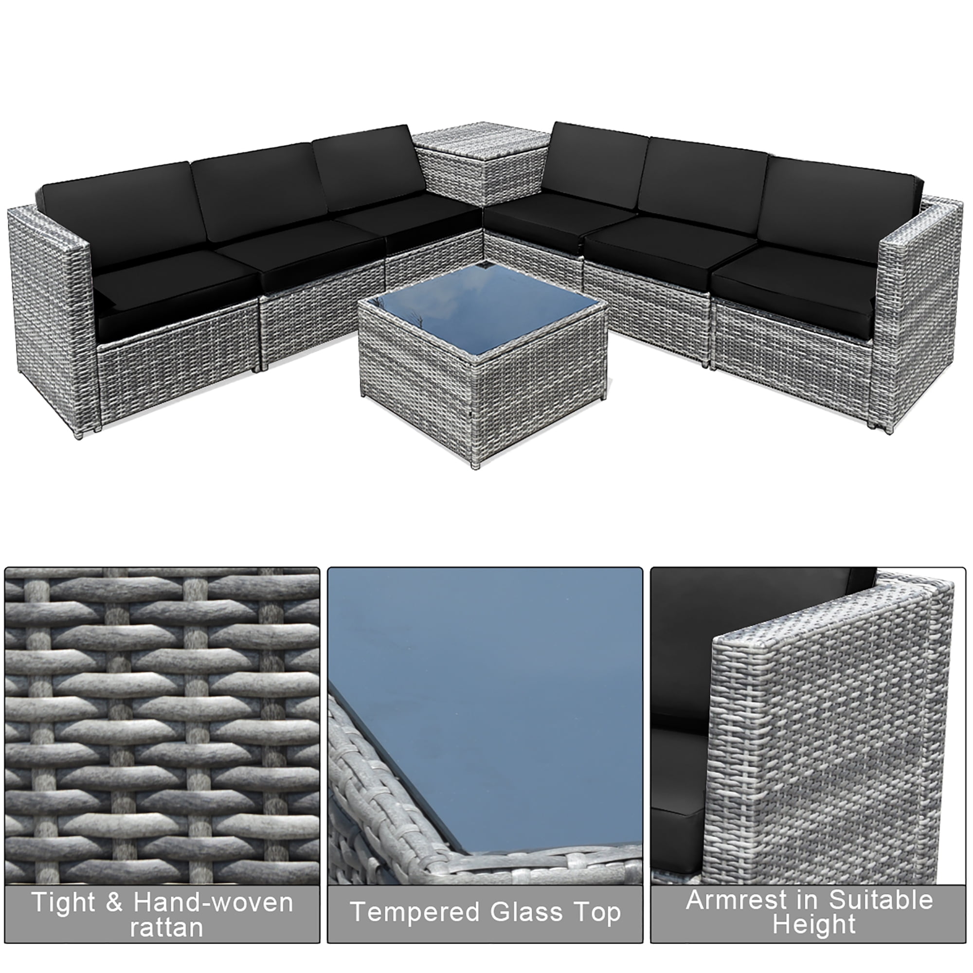 Costway 8 Pcs Wicker Rattan Sectional Patio Furniture Set with Storage Table, Black