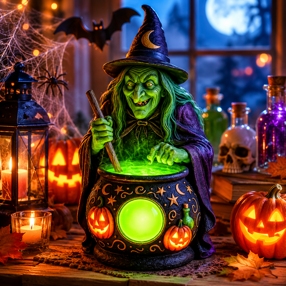 Halloween Witch Cauldron Statue, Light Up LED Resin Witch Figurine Battery Powered Tabletop Decoration for Haunted House Mantel Shelf Party Decor