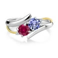 thumbnail image 2 of Gem Stone King 1.48 Ct Round Blue Tanzanite Red Created Ruby 925 Silver and 10K Yellow Gold Lab Grown Diamond Two Stone Crossover Ring (Size 5), 2 of 5