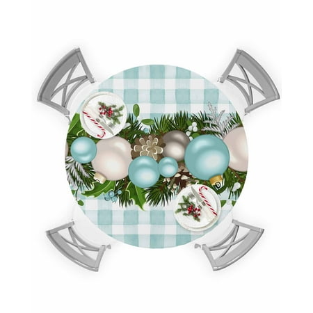 

Round Tablecloth with Elastic Christmas Ball Berry Pine Needle Green and White Plaid Waterproof Table Cover Wipeable Fitted Table Cloths for 36 -44 Round Tables Dining Kitchen Indoor Outdoor Use