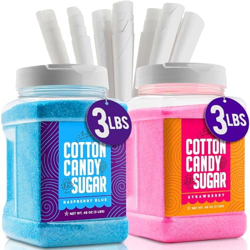 Cotton Candy Floss Sugar (2-Pack) Includes 100 Premium Cones | Raspberry Blue and Strawberry | Plastic, Reusable Jars | Easy Pour Spout or Scoop | Includes Scooper | 3 LBS Jars$$