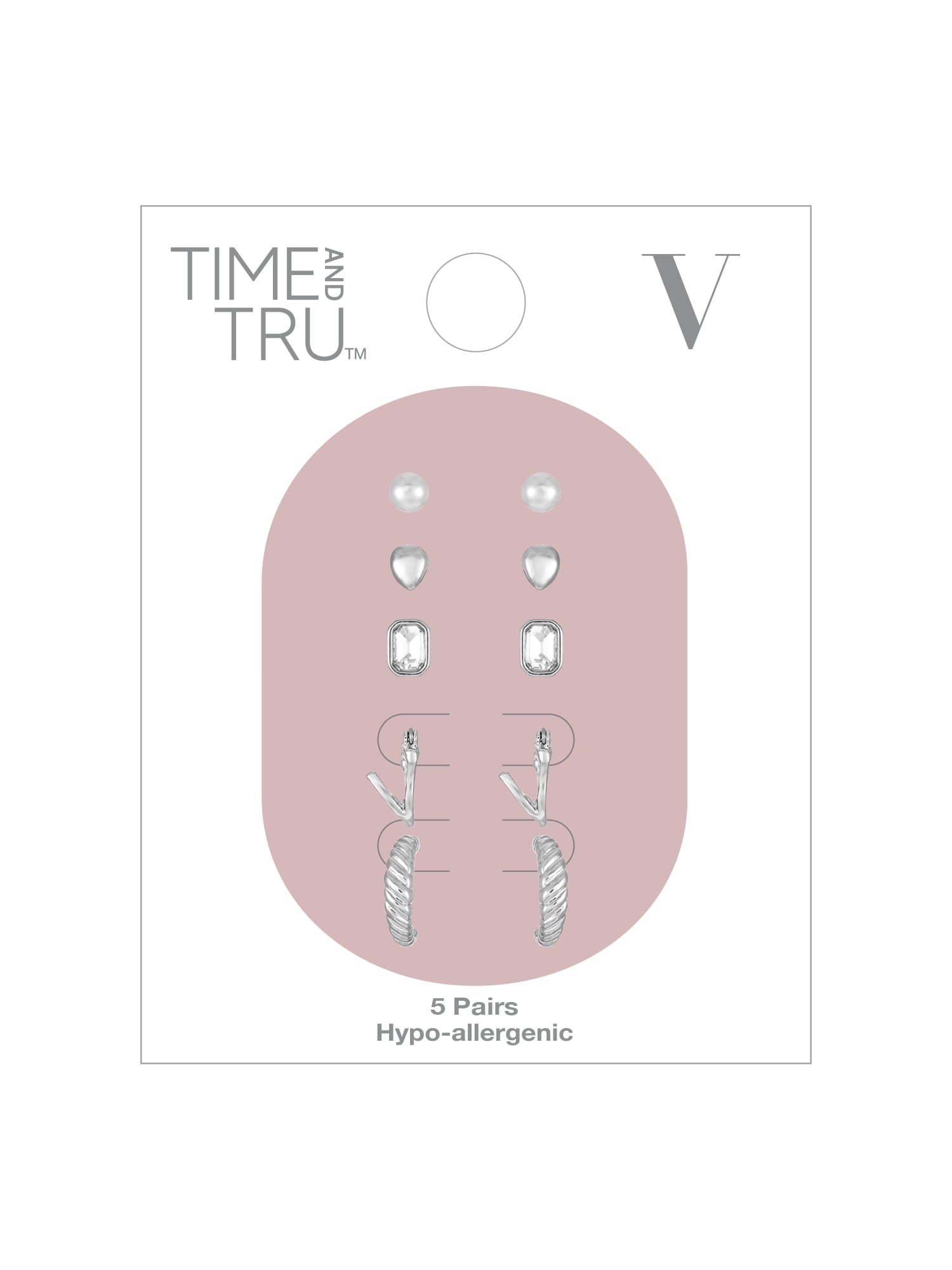 Time and Tru Silvertone Multi Earring Set, 5 Pairs, Initial V