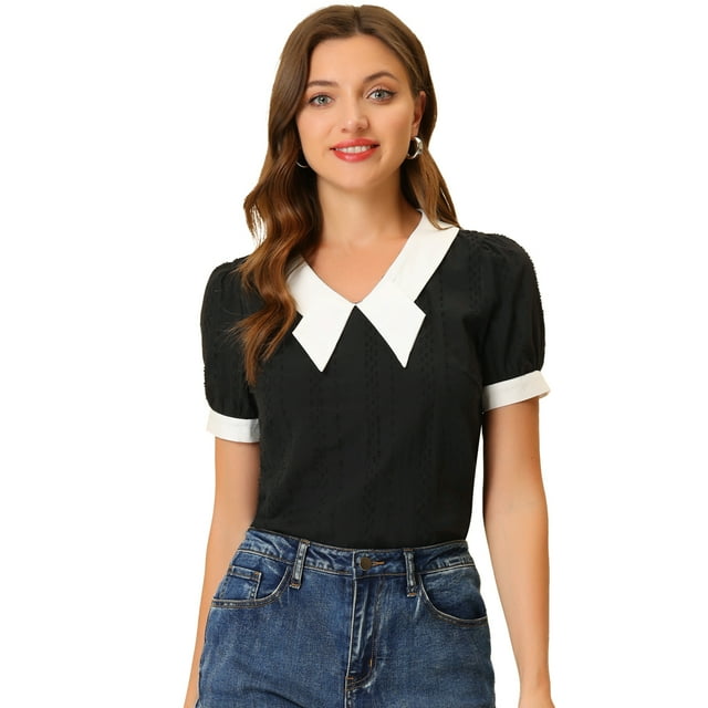 INSPIRE CHIC Chemisier à Manches Courtes Texturé à Nœud Contrasté pour Femmes Noir P