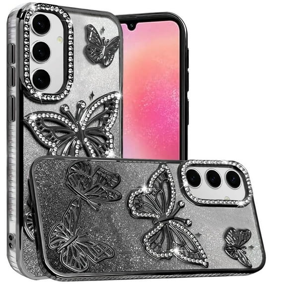 For Samsung Galaxy A16 Luxury Butterfly Sparkle Glitter Diamond Crystal Rhinestone Shimmer Bling Plating Thick TPU Hard PC Cover, XPM Phone Case [Black]