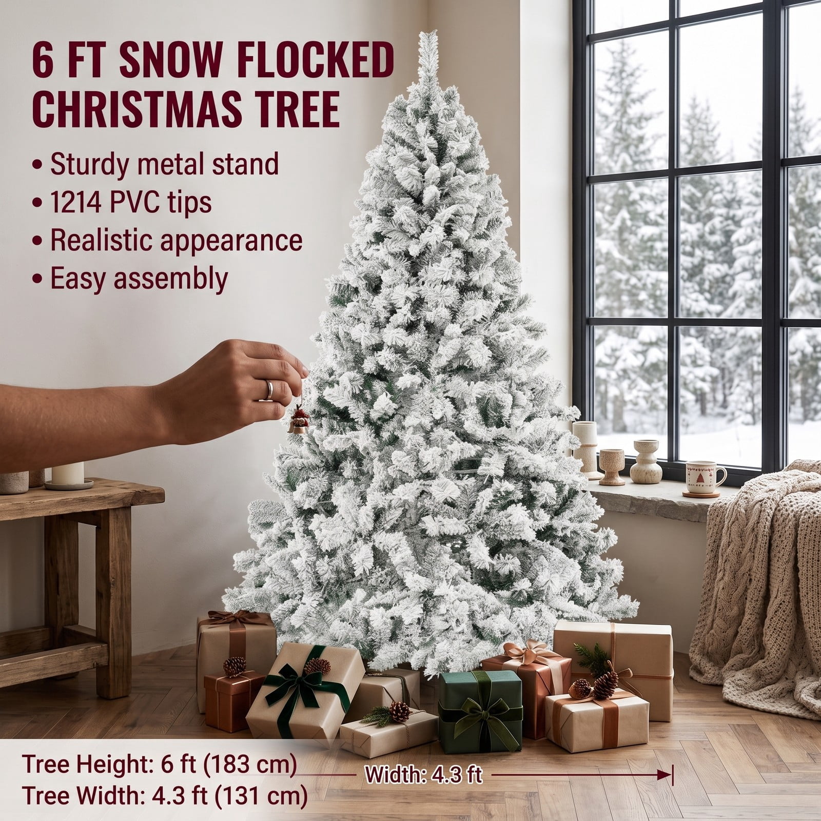 RUIE 7 FT Artificial Christmas Tree with 450 Warm White LED Lights, 3-Minute Quick Shape PVC Flocked Xmas Tree with Metal Stand for Holiday Home Office, Green & White