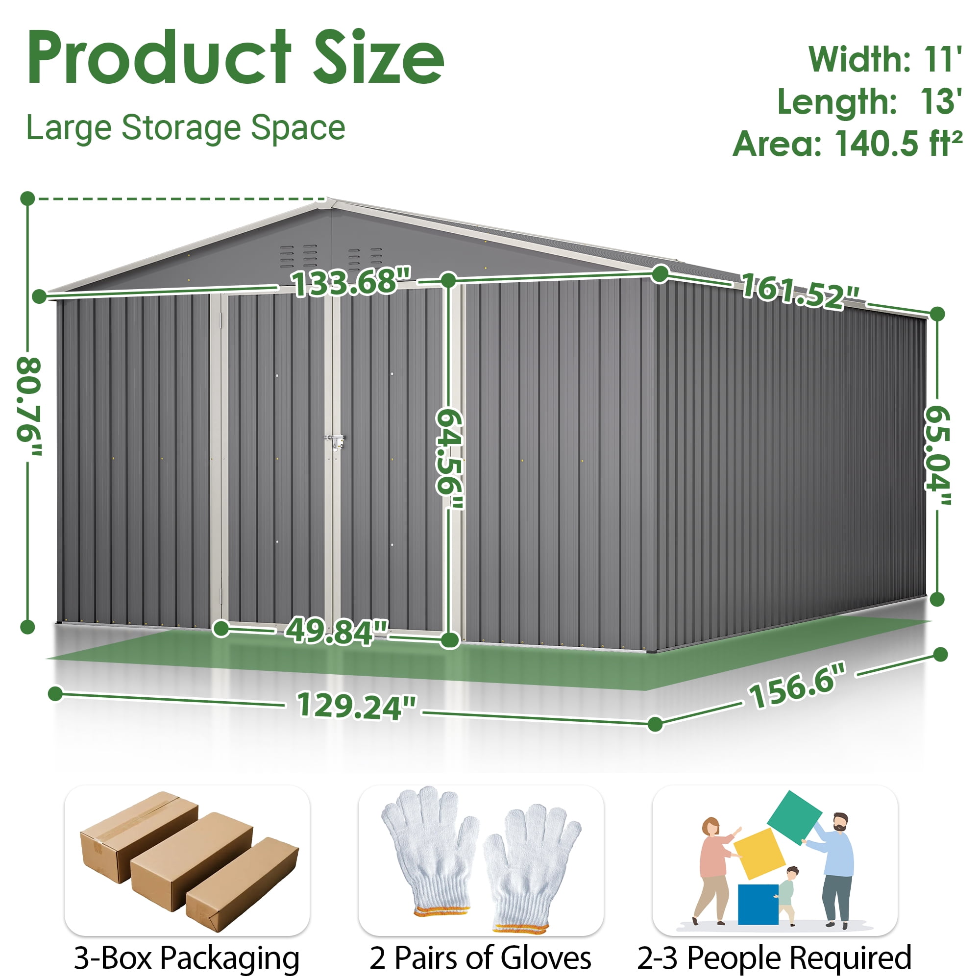 LZBEITEM 11 x 13 ft Outdoor Storage Metal Shed with Floor Frame Kit, Galvanized Steel Garden Shed, Building Tool Sheds with Lockable for Backyard Patio, Gray, 133.68x161.4x80.76 in, 140.5 Sq ft