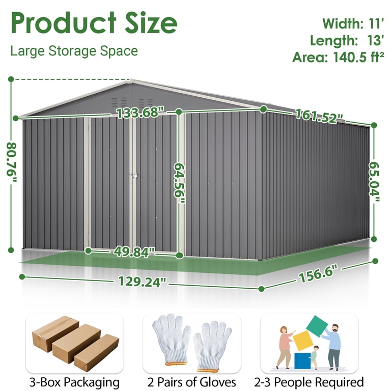 LZBEITEM, Outdoor Storage Metal Shed, 11x13 ft, Gray - Walmart.com