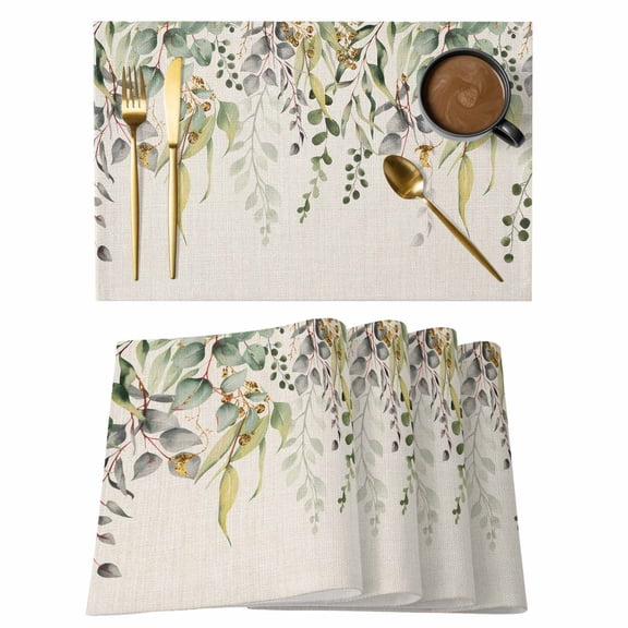 Vintage Eucalyptus Leaves Placemats Set of 6, Green Leaf Spring Plant Farm Country Non-Slip Place Mats Washable Table Mats for Kitchen Dining Table Decorations Indoor/Outdoor