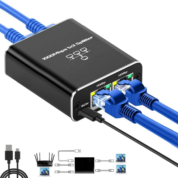 Duomigo Ethernet Splitter 1 to 3, 1000Mbps Gigabit LAN Splitter with USB Power, RJ45 Network Hub Supports 3 Devices Simultaneously