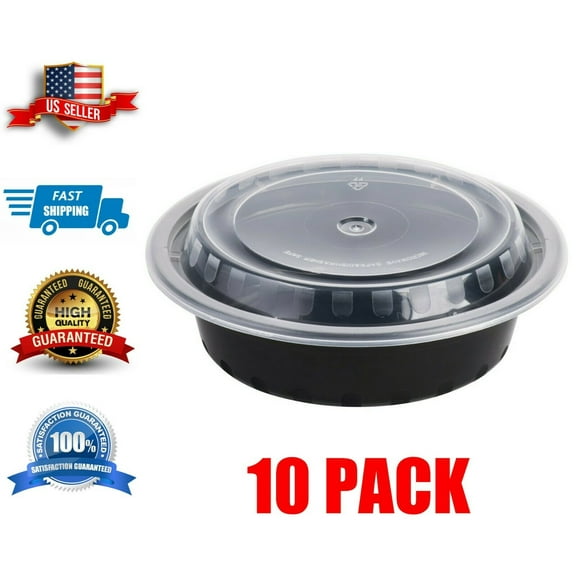 10 Pack | 16 oz. | Container with Lid | Black Round Microwavable Heavyweight |