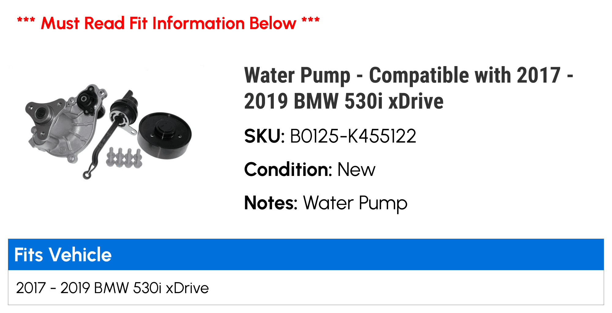 Water Pump - Compatible with 2017 - 2019 BMW 530i xDrive 2018