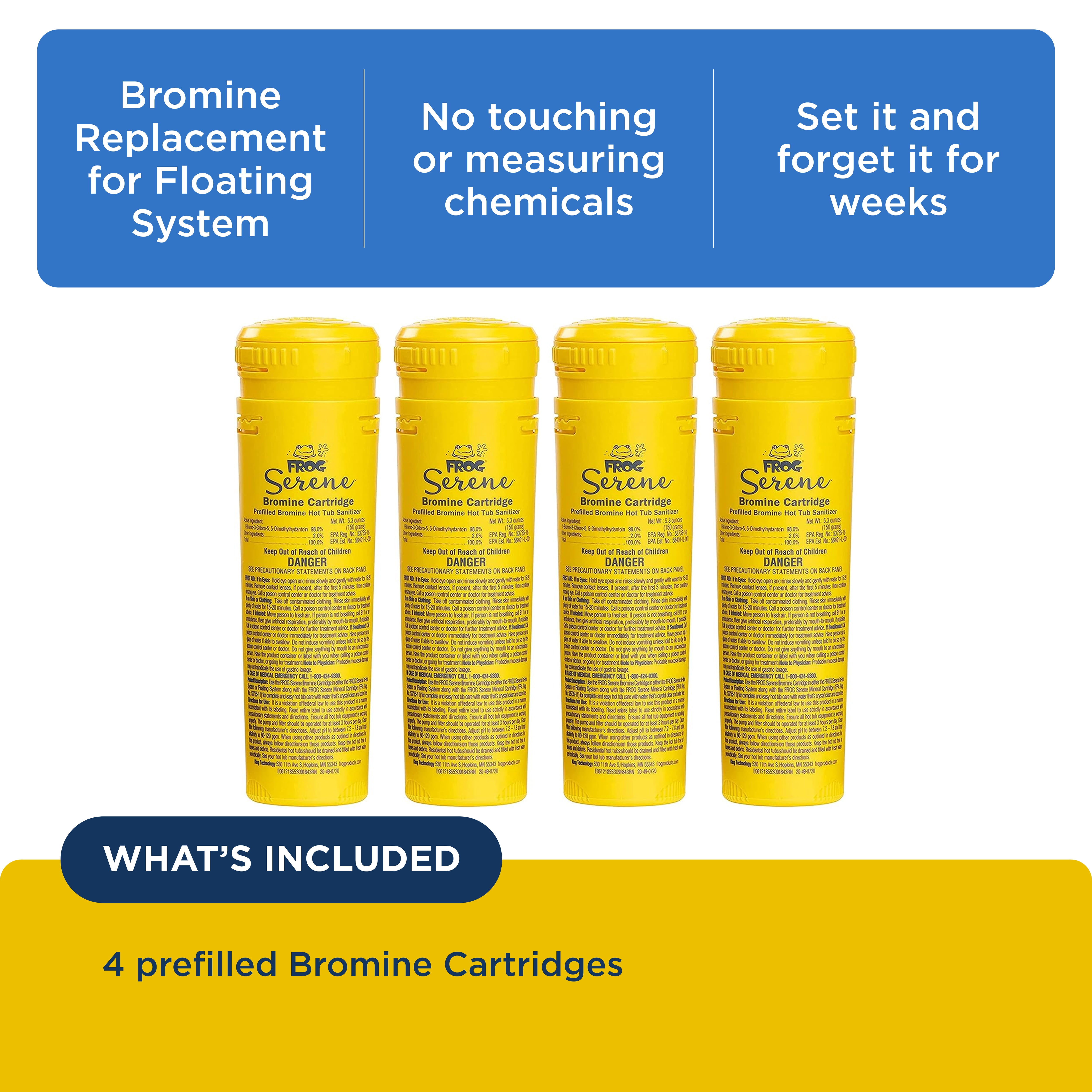 FROG Serene Replacement Bromine Cartridges for Use with Hot Tub FROG Serene Floating Sanitizing System - Prefilled for Quick & Easy Hot Tub Maintenance - 4 Pack