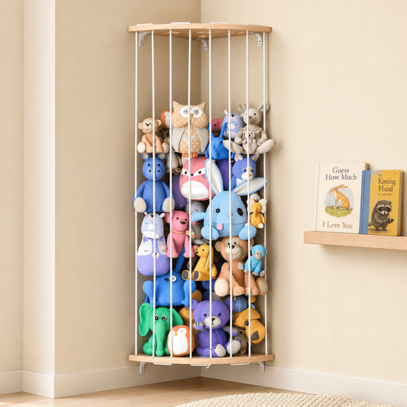 Stuffed Animal Storage Wood Corner Plush Toys Holder with Star Pattern, Length Adjustable Hanging Stuffed Animal Toy Organizer Shelf