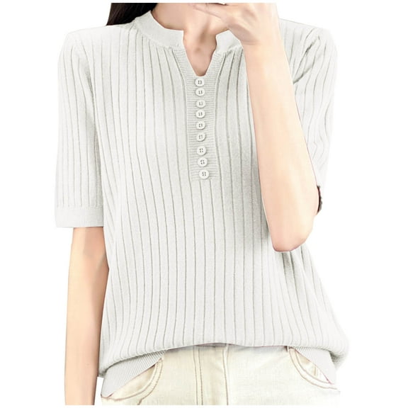 WXLWZYWL Womens Short Sleeve Sweater Button up V Neck Shirts Lightweight Ribbed Kint Pollover Sweaters Summer Casual Tops