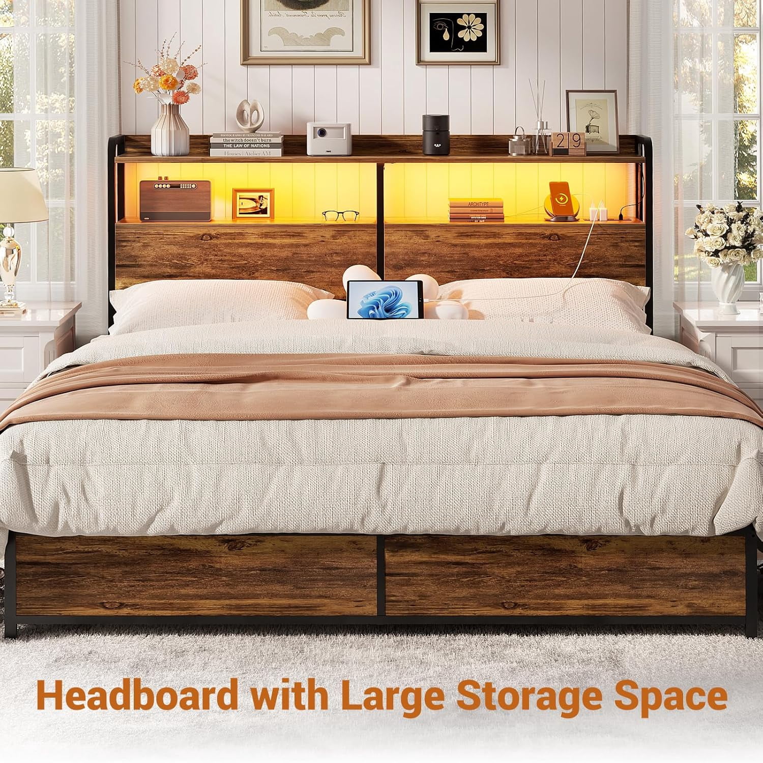 iSunrim Headboard for Queen Size Bed Frame, Headboard with Charging Station, USB Ports and LED Light, Headboard with Storage, Height Adjustable, Queen Size, Rustic Brown