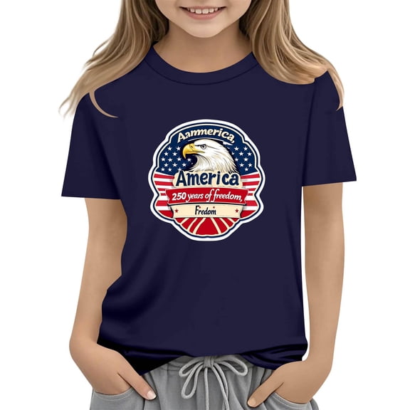 Girls 4th of July Patriotic American Flag Eagle Graphic T-Shirt Kids Independence Day Short Sleeve Crew Neck Tee Navy,Size 5-6 T