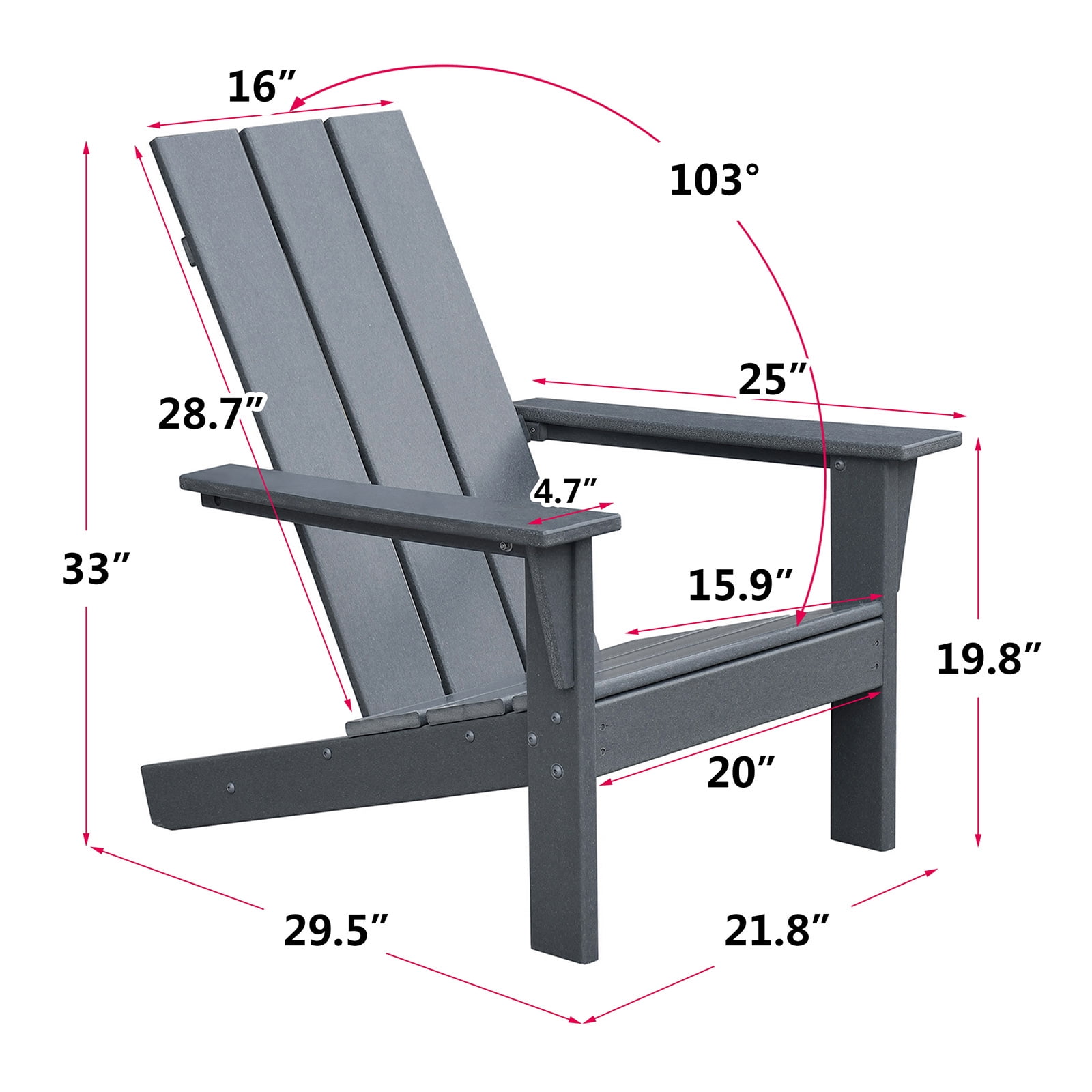 JP Outdoor Modern Adirondack Chair, Outdoor Oversize Plastic Fire Pit Chair,Gray