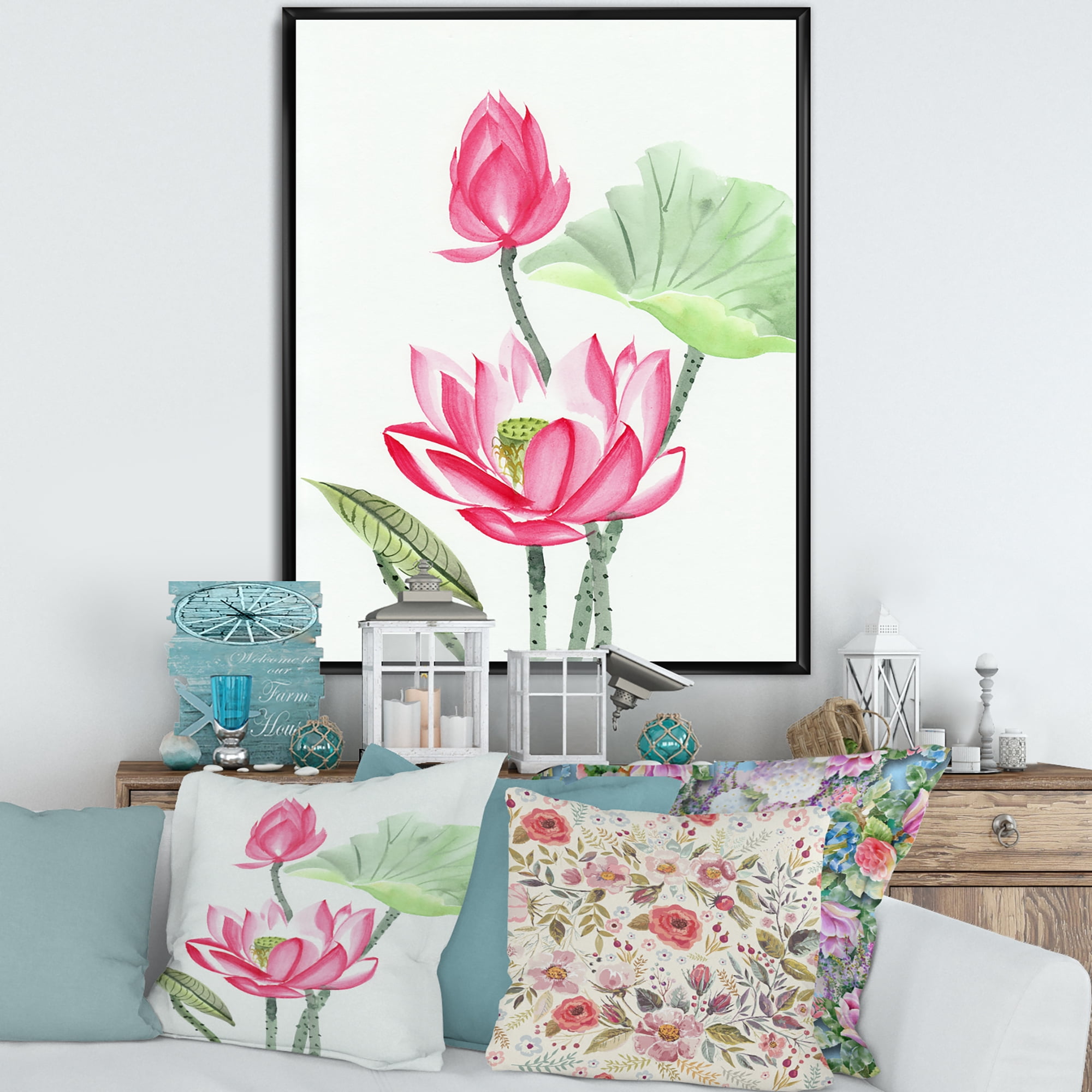 Designart 'Ancient Pink Lotus Flower' Traditional Framed Canvas Wall Art Print