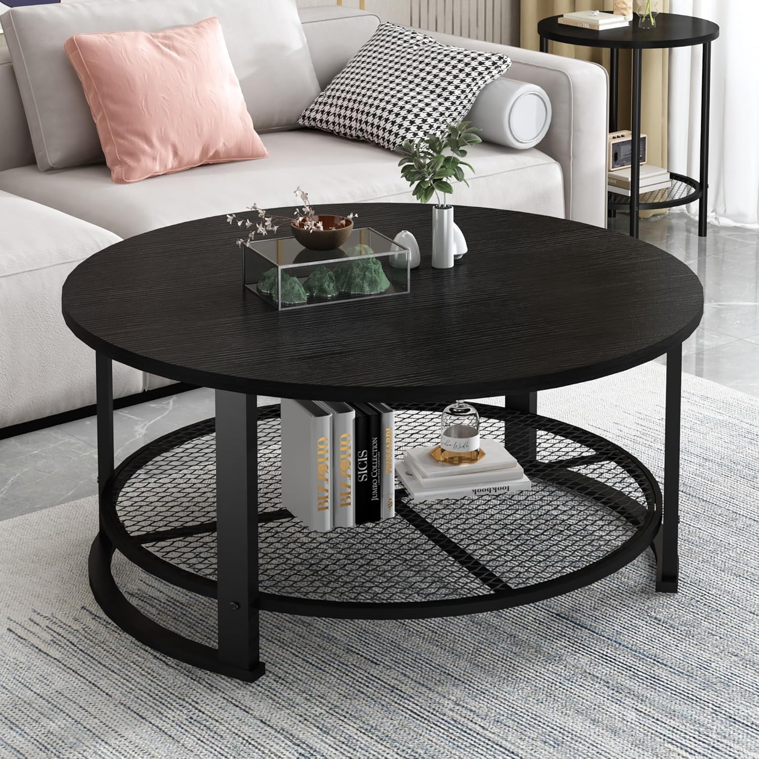 MIERES Round Coffee Table Set of 3, 2-Tier Metal Mesh Storage Shelf Living Room Set with 1 Large Center Table & 2 Small End Tables, Space-Saving Wooden Tea Table for Home Office Apartment, Black
