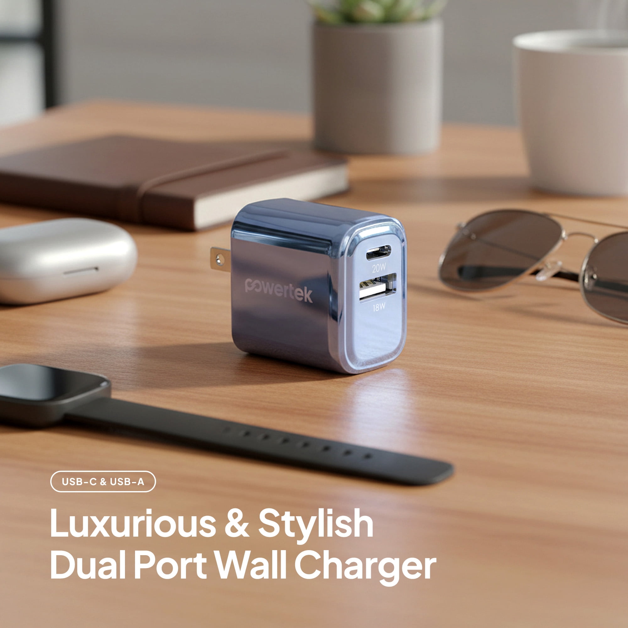 Powertek 20W USB-C PD + 18W USB-A Dual Port Wall Charger, Metallic Shine Pastel, Blue
