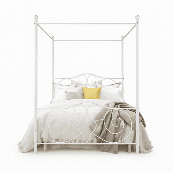 Full Size White Metal Canopy Bed Frame with Heart Scroll Headboard and Footboard, Four Poster Platform Bed with Under Bed Storage