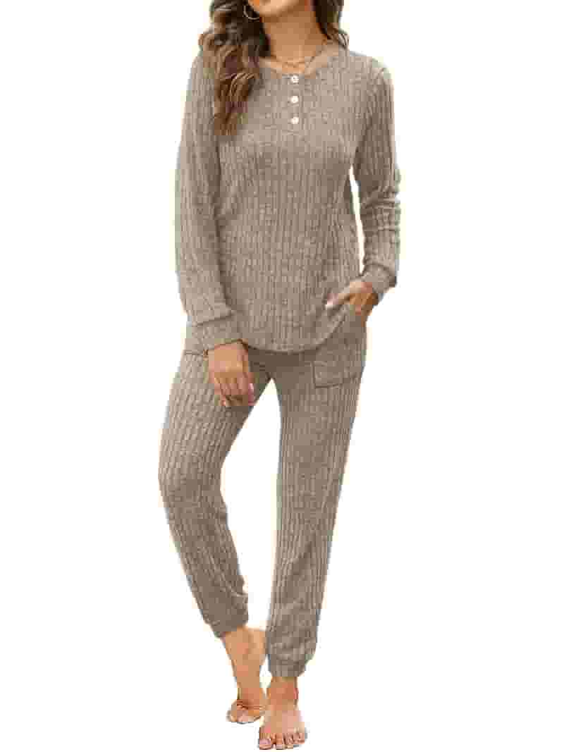 Simplicity Solid Buttons O Neck Long Sleeve Two Pieces Simplicity Solid Buttons O Neck Long Sleeve Two Pieces