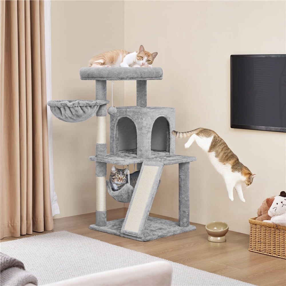 Yaheetech 40″ Multi-Level Cat Tree with Condo, Basket & Hammock, Light Gray