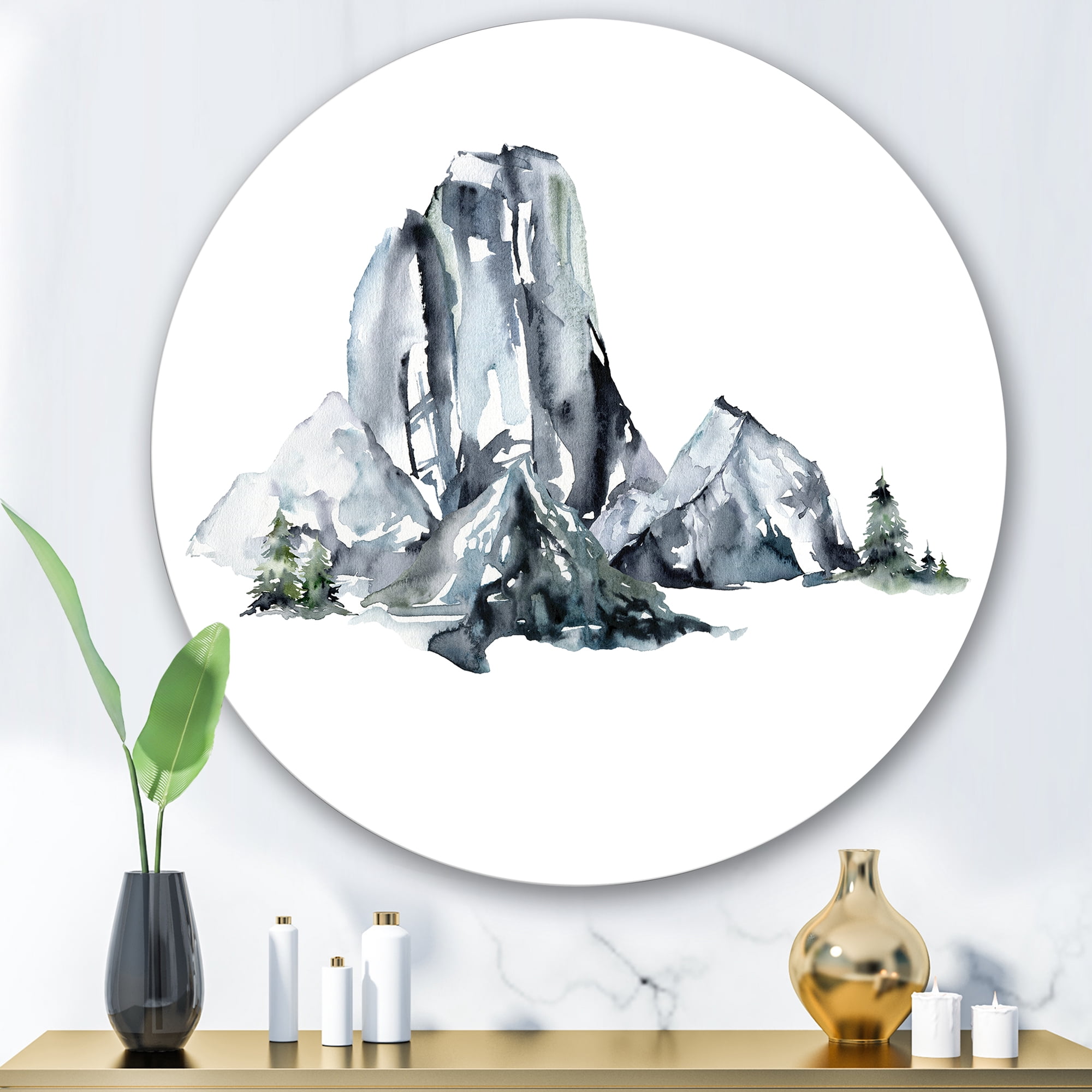 Designart 'Minimalistic Landscape of Forest and Mountains' Modern Circle Metal Wall Art 36x36 - Disc of 36