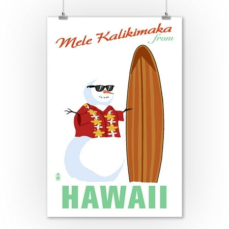 - Merry Christmas from Hawaii - Snowman & Surfboard - Lantern Press Artwork (9x12 Art Print, Wall Decor Travel Poster)