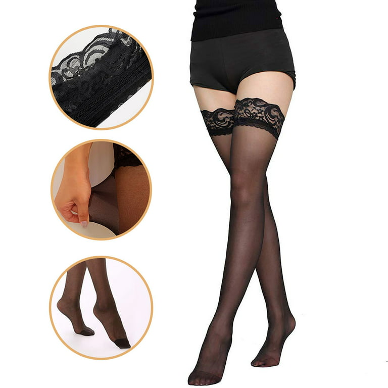 5Pack Nylon Shiny Thigh High Stockings, Lace Sheer Tights,Stay Up lingerie  Pantyhose for Women 