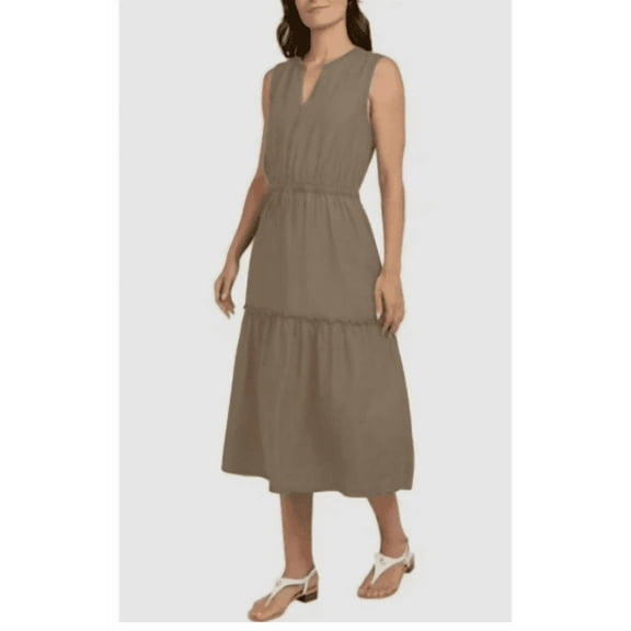 Lands' End Women's Small Rayon Midi Dress Tiered Elastic Waist Tan V-Neck Small