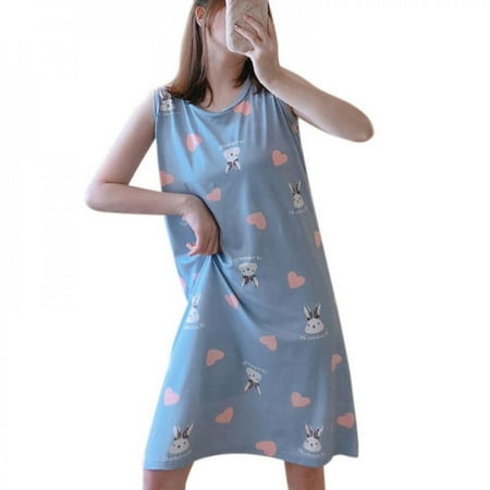 

Pretty Comy Nightdress For Summer Sleevedress Milk Silk Cute Cartoon Sweet Style Vest Skirt Blue XXL