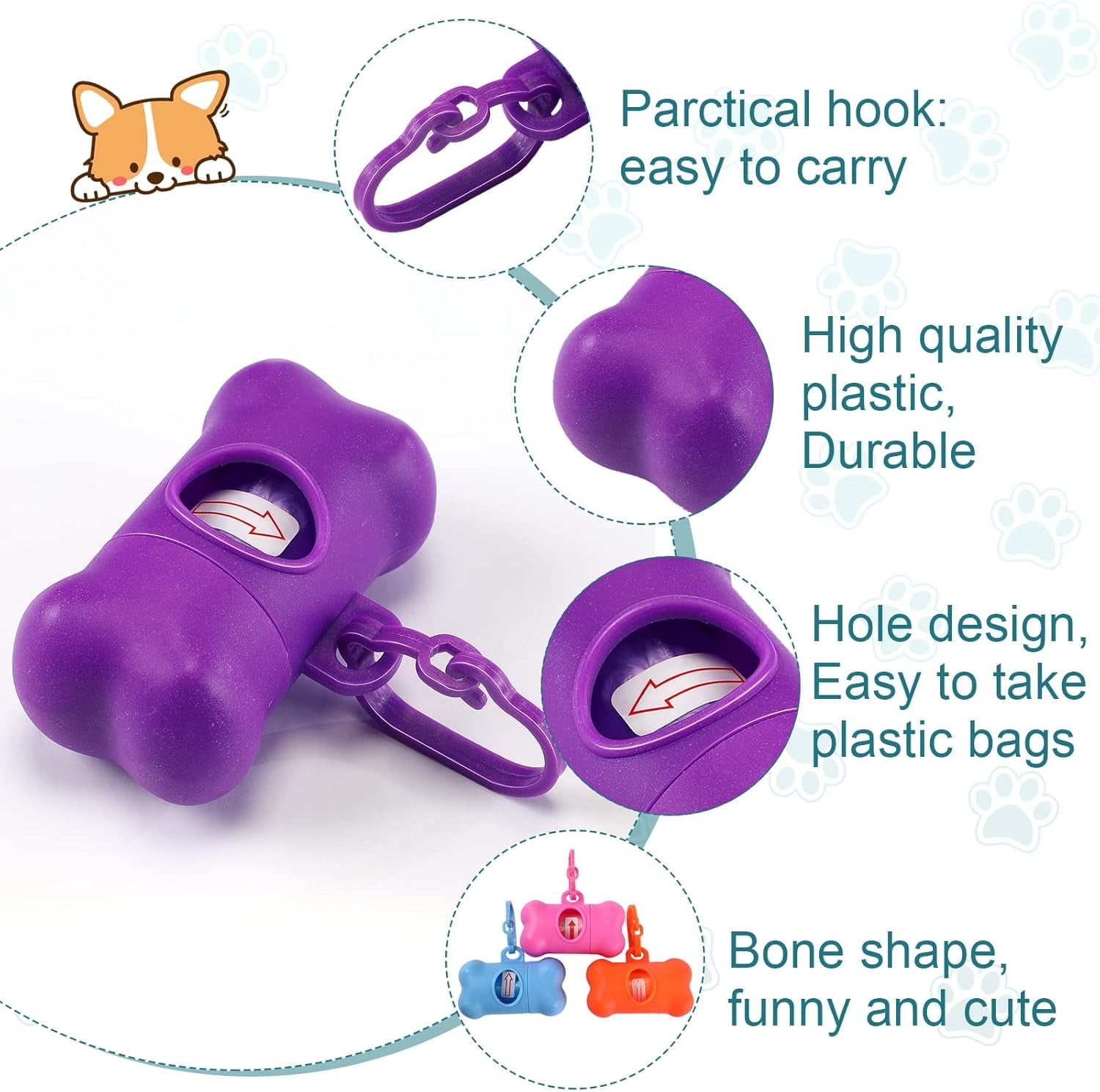 120 Pcs Bone Shaped Dog Poop Bag Dispensers with Disposal Small Dog Waste Bag Holder with Hook for Pet Puppy Walking Hiking Camping, 8 Colors