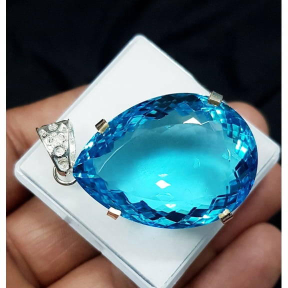 Sky Blue Aquamarine 72 Carat Pear 925 Solid Silver Pendant Gemstone