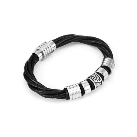 - Trendy Black Genuine Leather Biker Mens Bracelet with Magnetic Stainless Steel Clasp, 8