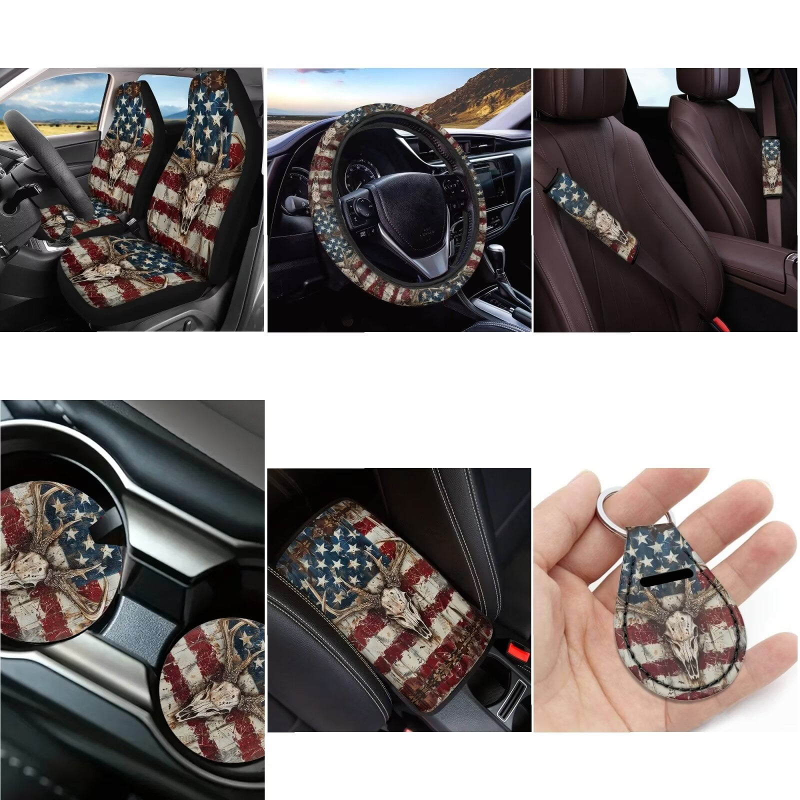 LedBack 12 Piece Deer Printed Car Seat Covers Full Set for Women Men, American Flag Steering Wheel Cover Seatbelt Soft Front Rear Seat Backrest Bottom Universal Fit Cars SUVs Seden