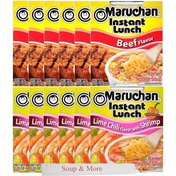 Maruchan Ramen Instant Cup Noodles 12 Count - 6 Beef Flavor & 6 Lime Chili Shrimp Flavor Lunch / Dinner Variety, 2 Flavors