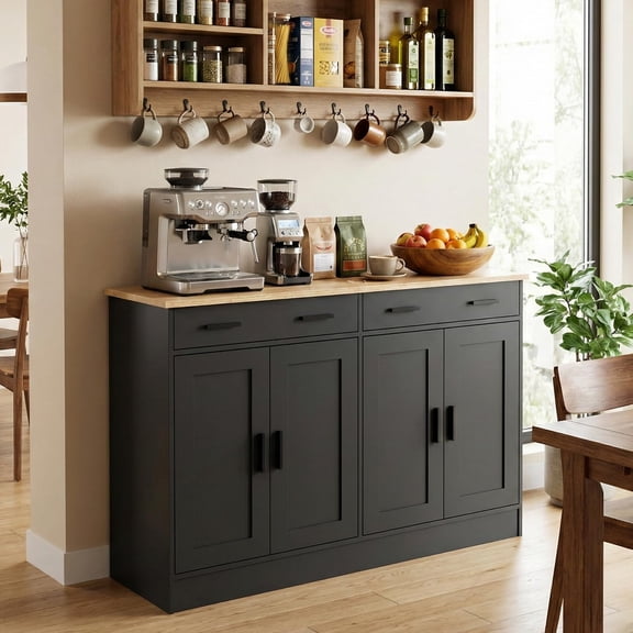 HZAT 53" Black Buffet Cabinet w/Storage, Kitchen Sideboard Server, 2 Drawers & 4 Doors, Modern Coffee Bar Credenza for Dining, Living Room