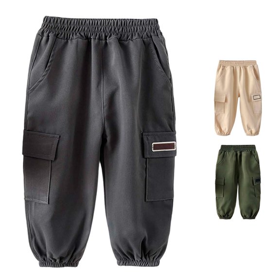WhouRiu Boys Casual Cargo Pants Solid Color Elastic Waist Loose Taper Leg Sweatpants Kids Comfortable Cute Trousers With Pockets,2-3 Years