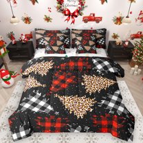 Manfei Chic Christmas Tree 7-Piece Bedding Comforter Set for Kids, Leopard Cheetah Print King Bedding Sets, Fashion Checkered Plaid Reversible Bed Sheets, Microfiber Bedroom Decor