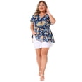 thumbnail image 3 of DARING DIVA Women's Plus V Neck Short Sleeve Casual Floral Blouse 3X Dark Blue, 3 of 6