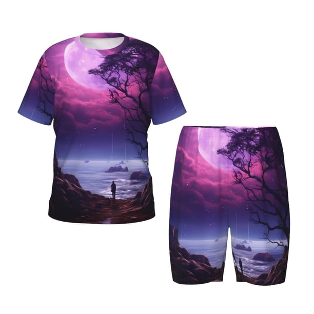 Balery Purple Moon Tree Night Sky Conjunto de Pijama Infantil de Manga Corta con Estampado – Ropa de Dormir de Algodón Suave-Medium