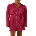 thumbnail image 1 of Robe Courte Plissée pour Femme à Imprimé Floral, Décolleté en V Profond, Robe d'Été à Manches Longues avec Cordon de Serrage, Robe Chemise à Nouer, Tenue de Boîte de Nuit, Rose Rouge, m, 1 of 7