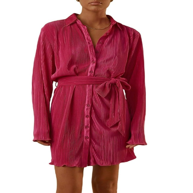 Robe Courte Plissée pour Femme à Imprimé Floral, Décolleté en V Profond, Robe d'Été à Manches Longues avec Cordon de Serrage, Robe Chemise à Nouer, Tenue de Boîte de Nuit, Rose Rouge, m