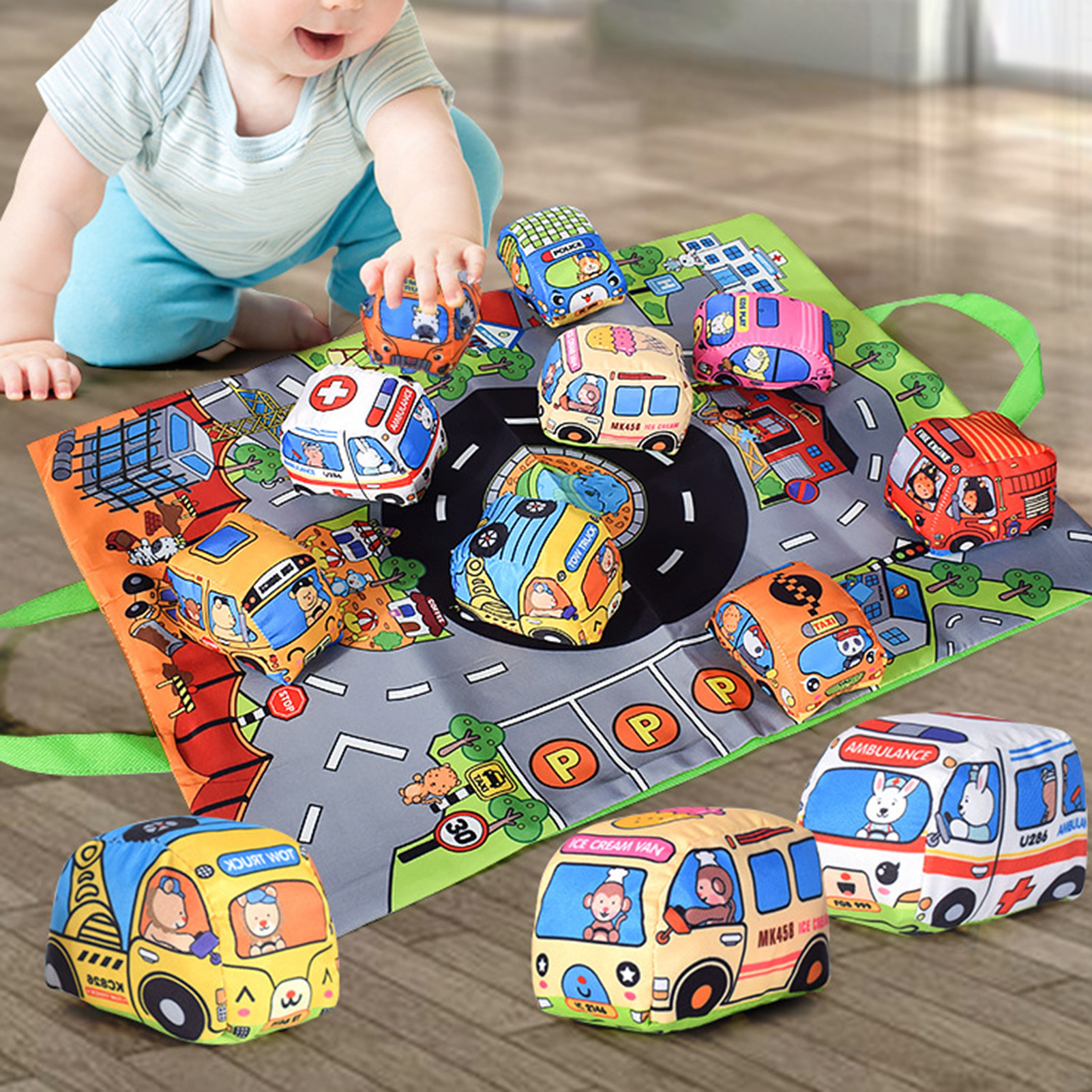 Baby Truck Car Toy Set 9 Pieces with Playmat Soft Cloth Cars