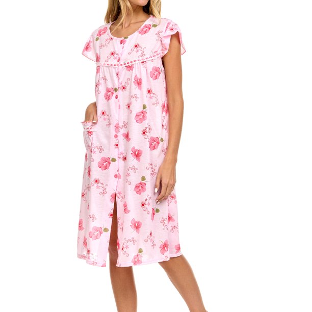 EZI Women’s Cottonrich Floral Short Sleeve Buttondown House Dress