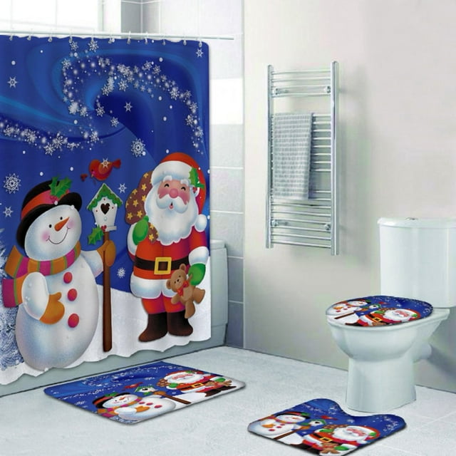 PATIO 4 Pieces Set 3D Digital Printing High-Density Merry Christmas Theme Pattern Shower Curtain Set Bathroom Floor Mat Base Mat Toilet Mat Home Holiday Decoration Bathroom Accessories Ch
