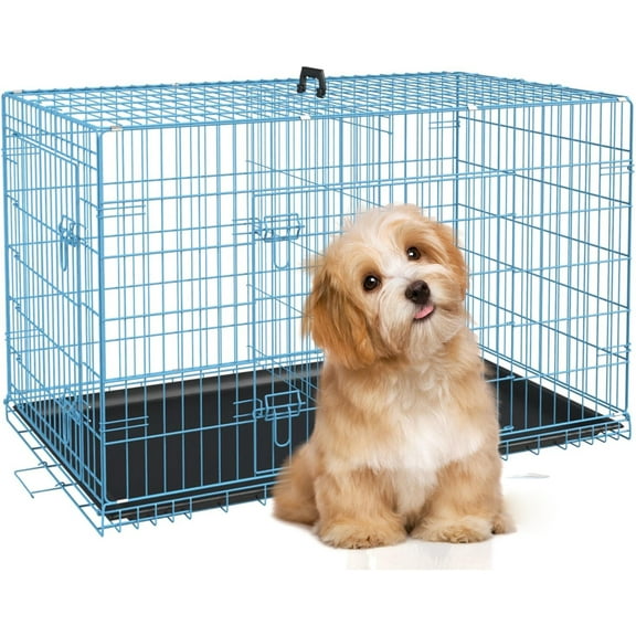 XF XINFENG 48 inch Folding Metal Dog Crate Indoor and Outdoor Includes Leak-Proof Pan, Floor Protecting feet，Divider Panel with Double-Door,Blue