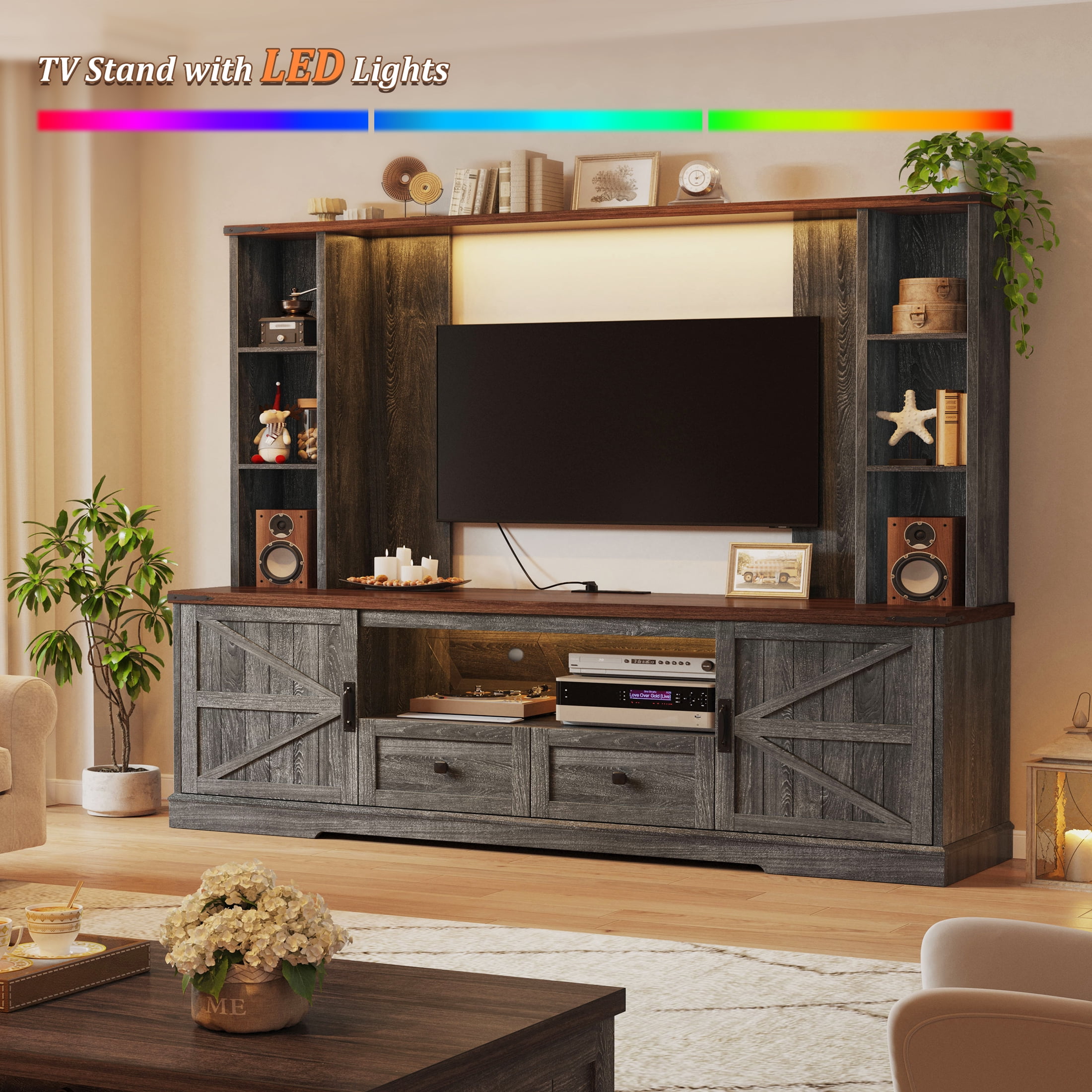 EnHomee Entertainment Center with LED Lights and Power Outlets, Large Farmhouse TV Stand for up to 60" TVs with Storage, Grey